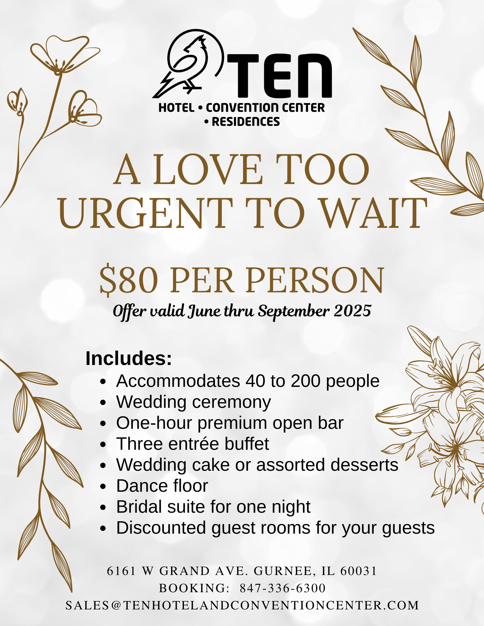 Host a wedding at The Ten Hotel Gurnee